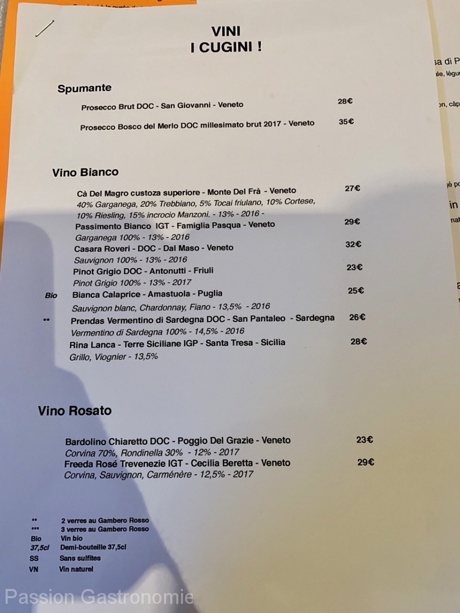 Restaurant I Cugini - La carte des vins blancs