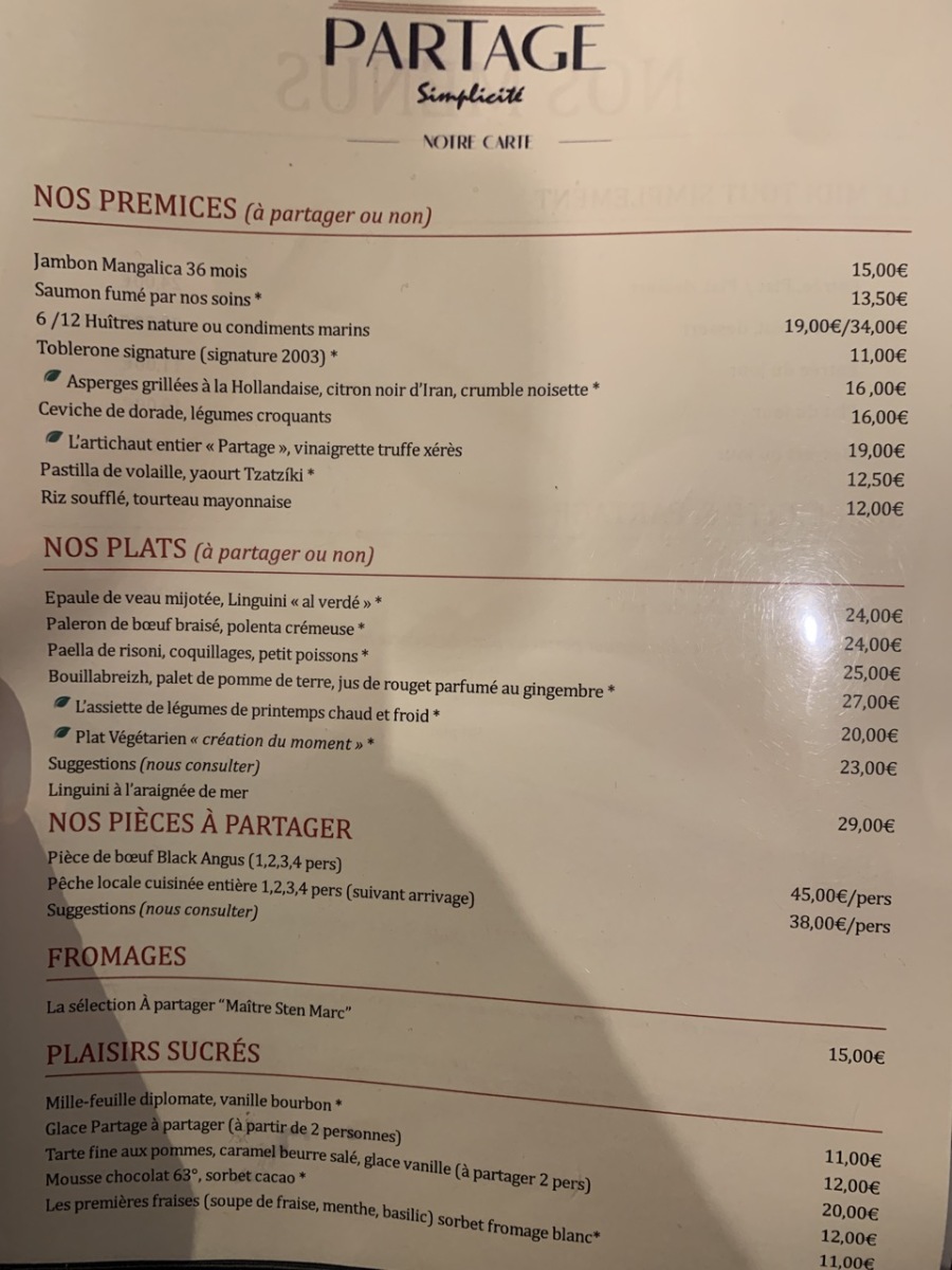 Restaurant Partage - La carte