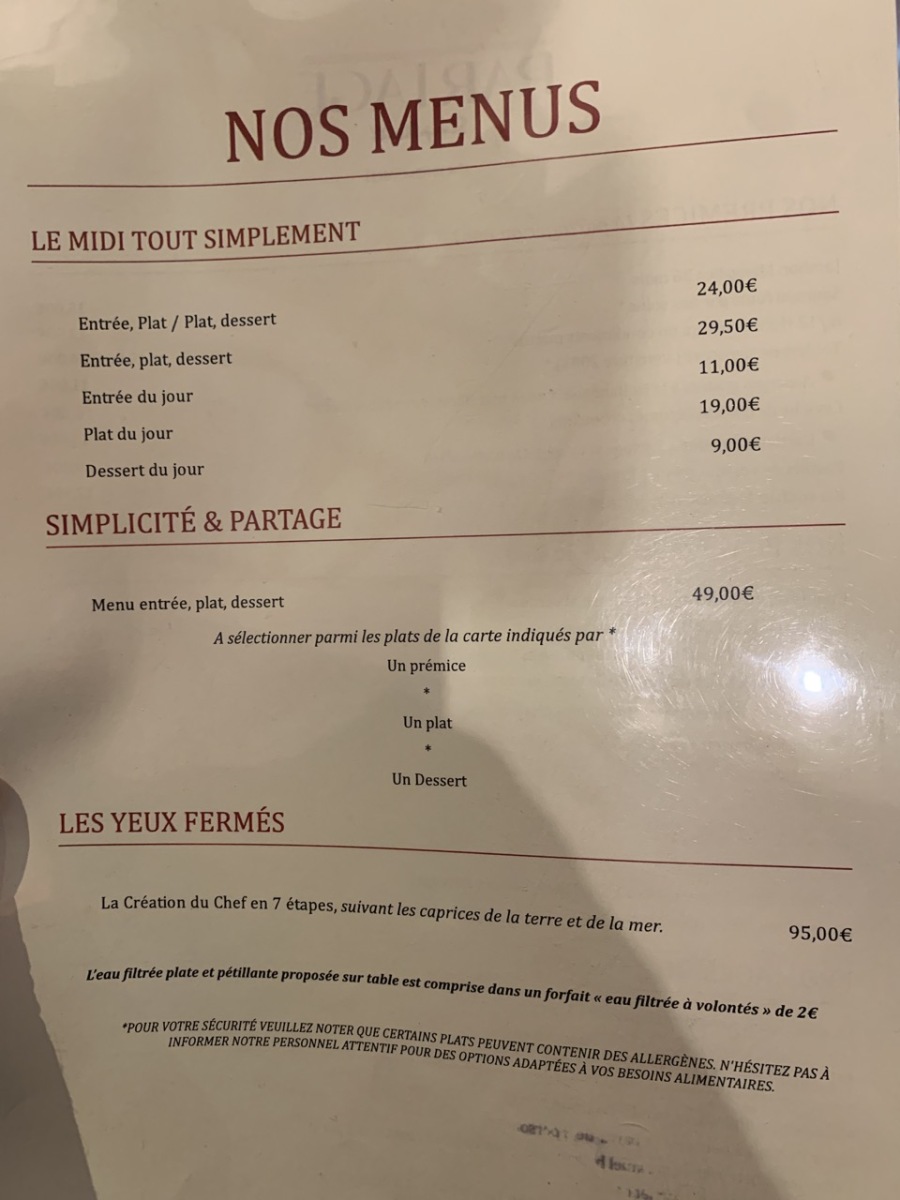 Restaurant Partage - Le menu