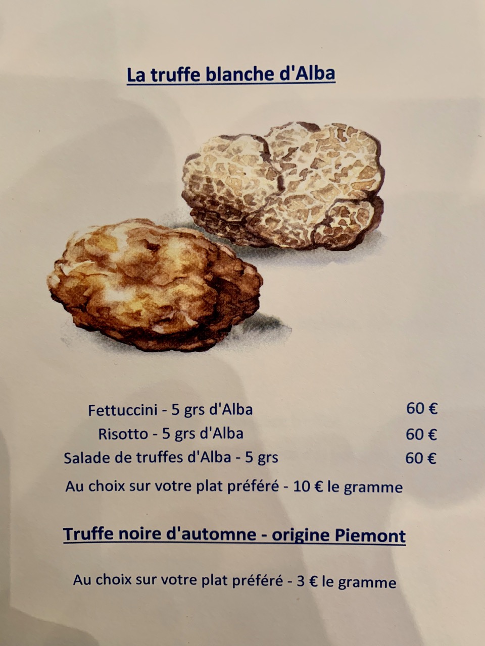 Restaurant Tribeca - Les suggestions autour de la truffe